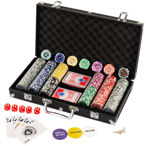 Set van 300 genummerde Texas Hold'em pokerchips met koffer