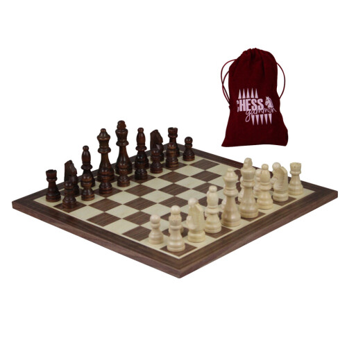 Jogo de xadrez de madeira com peças de xadrez e bolsa de xadrez de nogueira de 14 polegadas
