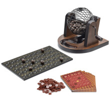 Juego de bingo Navaris - Juego de bingo de chapa de madera con 1-90 bolas, cartones metálicos de jaula de tómbola
