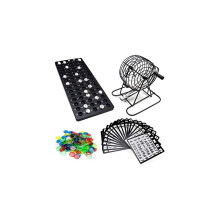 Juego de bingo de lujo con jaula de bingo, bolas de bingo, cartones de bingo y fichas de bingo