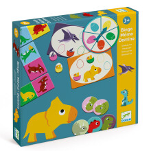 Djeco DJ08132 Bingo Memo Domino Dinosaurios Dominó, Bingo y Juegos de Memoria para Niños