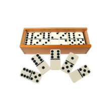Hey Play M370001 Double Six Domino's met houten koffer, zwart-wit - set van 28