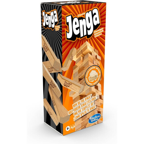 Hasbro Gaming Jenga Classic, kinderspel dat de reactiesnelheid bevordert vanaf 6 jaar