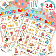 Jogo de Bingo de Aniversário LETILY para 24 Jogadores para Crianças - Padrões Divertidos e Festivos