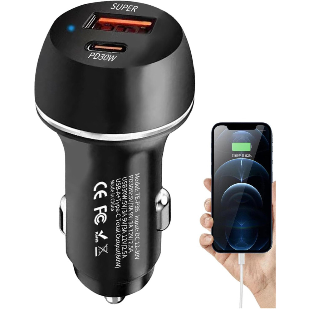 (Black) Car Charger Adapter | Two-Port Automobile Charger - 60W Car Charger Fast Charging PD Charger Adapter Type-C Car Phone Charger for Smartphone