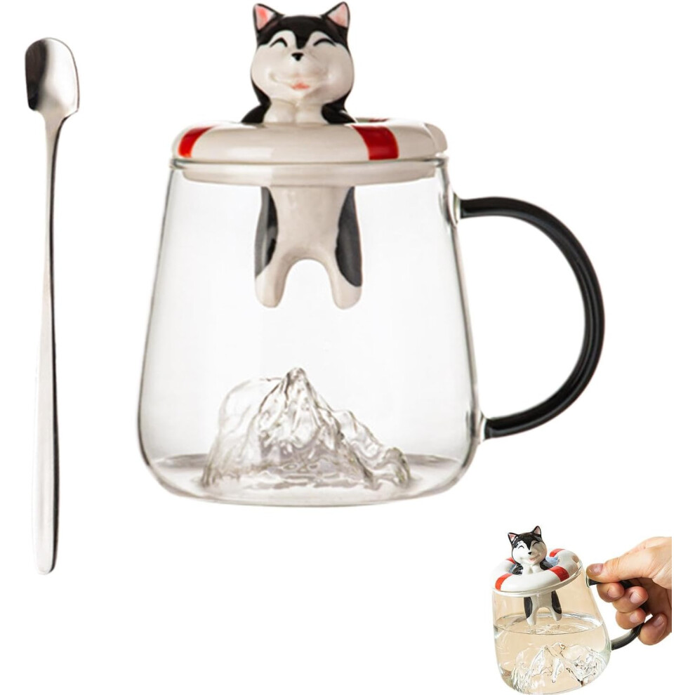 (Husky) Cute Coffee Cups | Cartoon Dog Tea Cups - Animal Coffee Cups with Spoon & Lid, Colorful Drinking Mugs for Juice, Milk, Hot Chocolate
