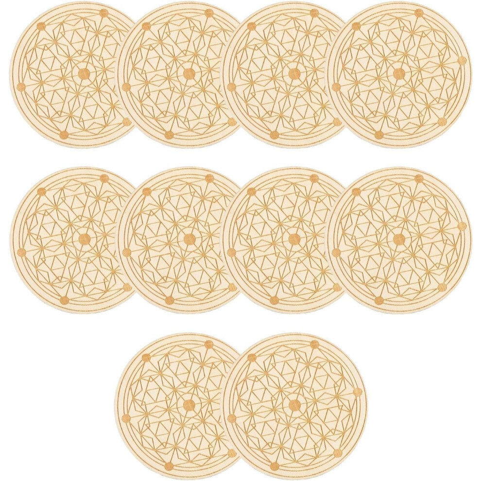Wooden Drink Coasters, Glass Coasters Made of Wood, Set of 10 Creative Tea Coasters with Geometric Pattern, Reusable Round Coasters, Heat Resistant