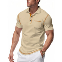 (khaki, L) Men's Casual Polo Shirts Shorts Sleeve Summer Shirt Classic Collared Button Golf Shirts with Pocket