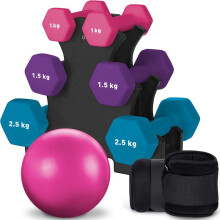 (Pink + Purple + Blue + Ankle weight + Pilate Ball ) Hex Neoprene Dumbbells Tree set with Ankle weights Pilate and A Stand. Hand weights Pairs for Home Exercise