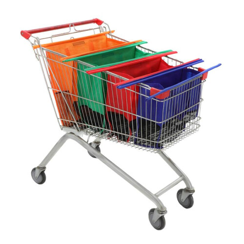(Default) 4-Piece Reusable Trolley Bags Set - Folding Supermarket Shopping Trolley Bags in Orange Green Red and Blue for Women