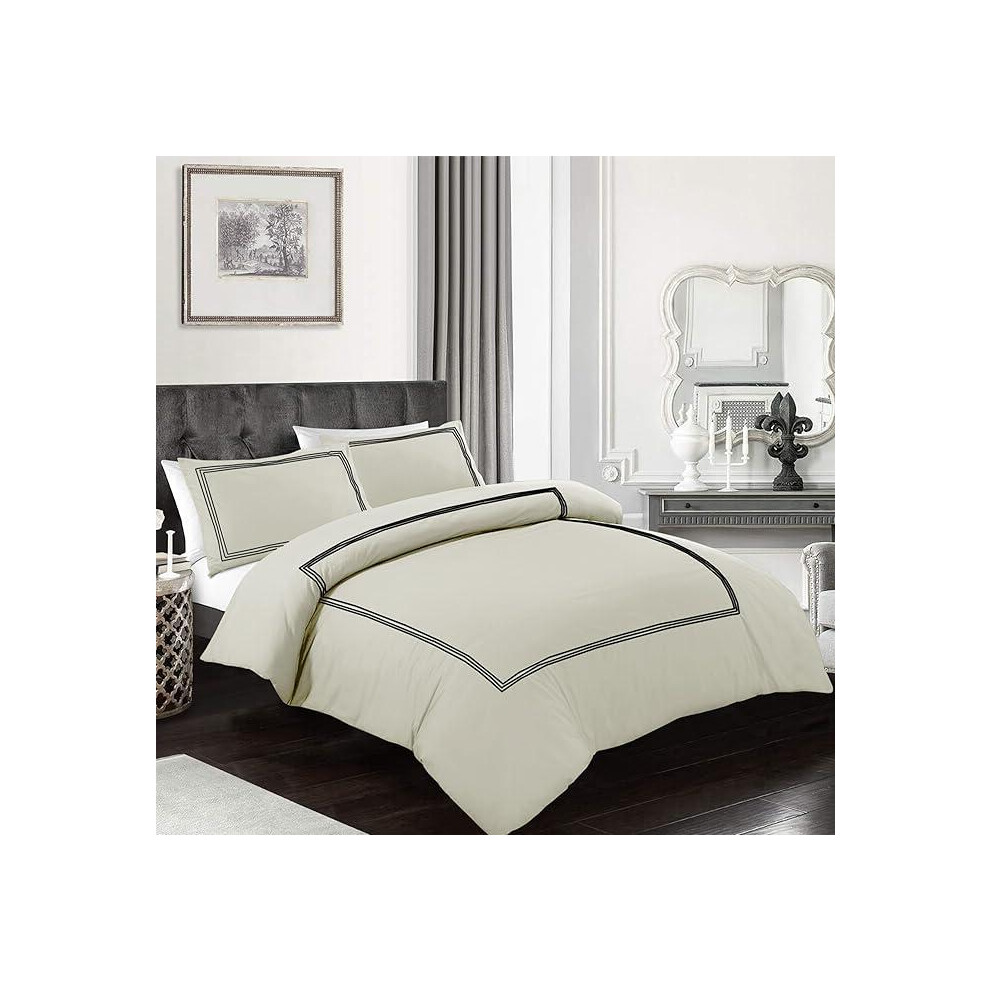 (Cream-Black, King) Poly Cotton Bratta Stitch Duvet Cover Set With Pillowcases- 100% Luxrious Poly Cotton- Easy Care & Machine Washable