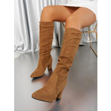 (Brown, CN38) Women's Fashionable Solid Color Boots, Casual Pointed Toe High Heel Ruched Boots for Daily Wear, Female All-match Trendy Shoes for Daily Wear