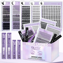 (Eyelash Gift Set, Black) Mixed Length Fluffy False Eyelashes with Bond & Seal & Remover & Tweezers, 1 Box Natural Look Eyelash Extensions, Cluster Lashes