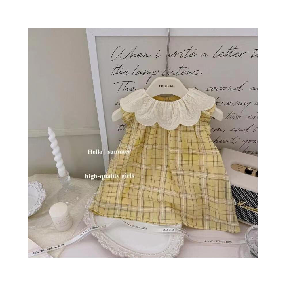 (Yellow,110cm)Robe motif col poupée à carreaux jaune et avec motif robe broderie noire