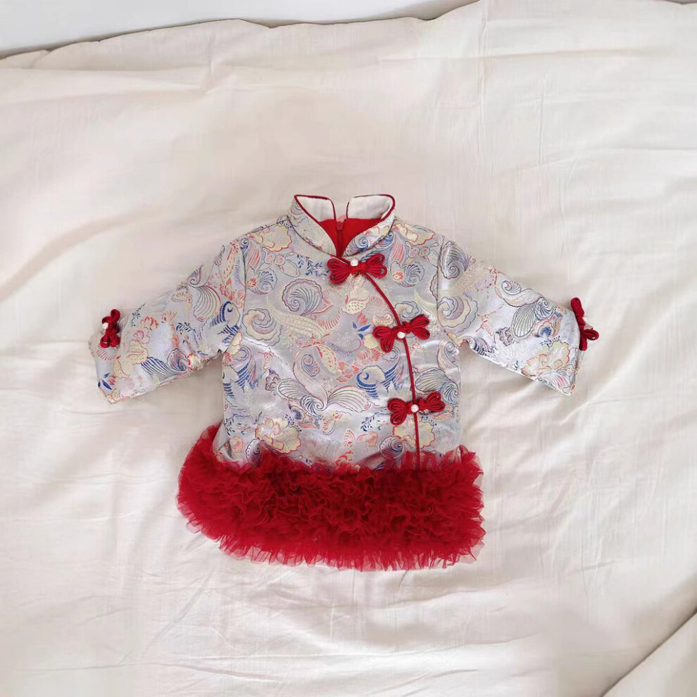 (100cm)Robe Cheongsam hiver fille style chinois avec motif maille bas pour enfant