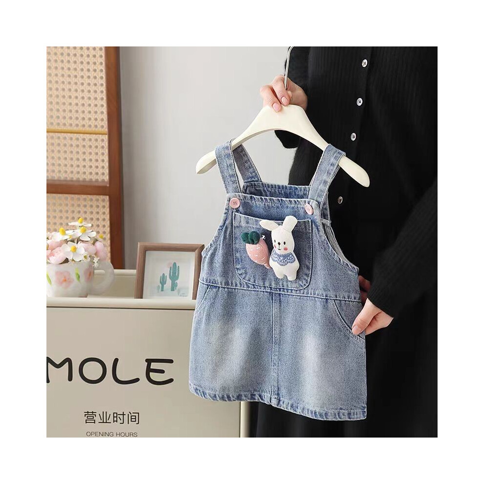 (120CM)Robe à bretelles fille en jean avec poupée décoration lapin et carotte sur la poitrine la