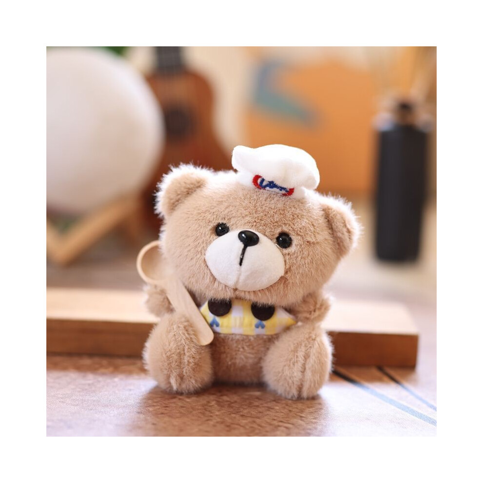 (Yellow)Peluche pendentif ours chef portant des vêtements à carreaux et portant une cuillère design
