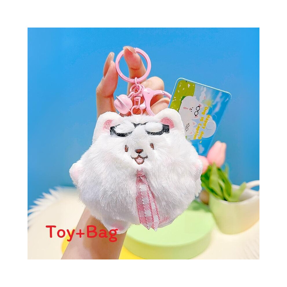 (Bowtie Call)Porte-clés peluche personnage Samoyède avec motif magnétique pour sac à dos et porte clé