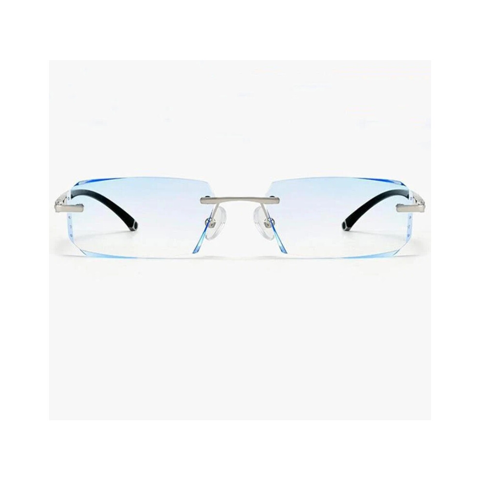 Silver/Blue/Light (, +3.00 Strength) Men Rimless Blocking Reading Glasses Classic Presbyopic Glasses