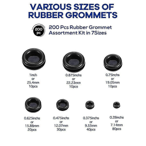 (As show, One size) 200Pcs 7Sizes Rubber Grommet Assortment Kit,Firewall Hole Plug Set Electrical Wire Gasket Solid Hole Plug Assortment Set 2
