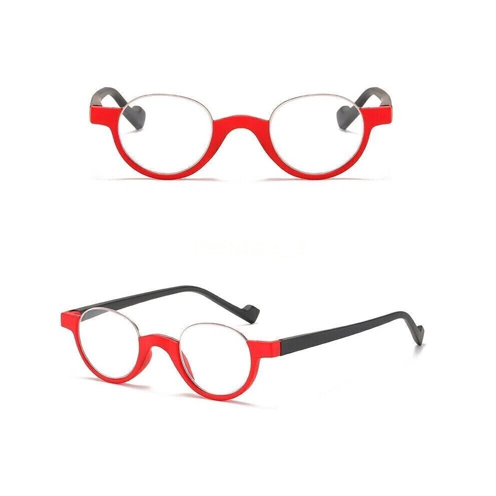 (= + 3,50, Red) Half Rimless high-definition reading glasses Half Moon Round  Spring Hinges