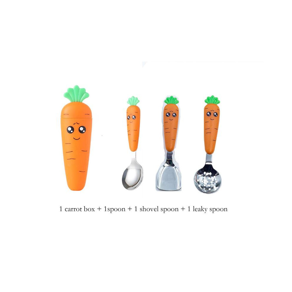 (1, 1Box+1Spoon+1Shovel Spoon+1Leaky Spoon) Carrot Shaped Baby Feeding Utensil, Cute Carrot Spoon Fork Set, Stainless Steel Baby Dinnerware Kit, Orange/Golden
