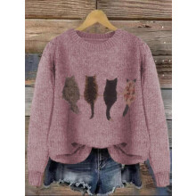(Heather Violet, M) Women's Cat Print Drop Shoulder Sweater,Elegant Chic Casual Long Sleeve Round Neck Jumper for Fall&Winter,Fashion Ladies' Knitwear for Daily Wear