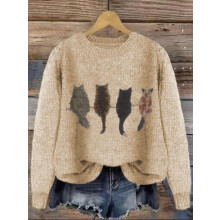 (Apricot, XXL) Women's Cat Print Drop Shoulder Sweater,Elegant Chic Casual Long Sleeve Round Neck Jumper for Fall&Winter,Fashion Ladies' Knitwear for Daily Wear