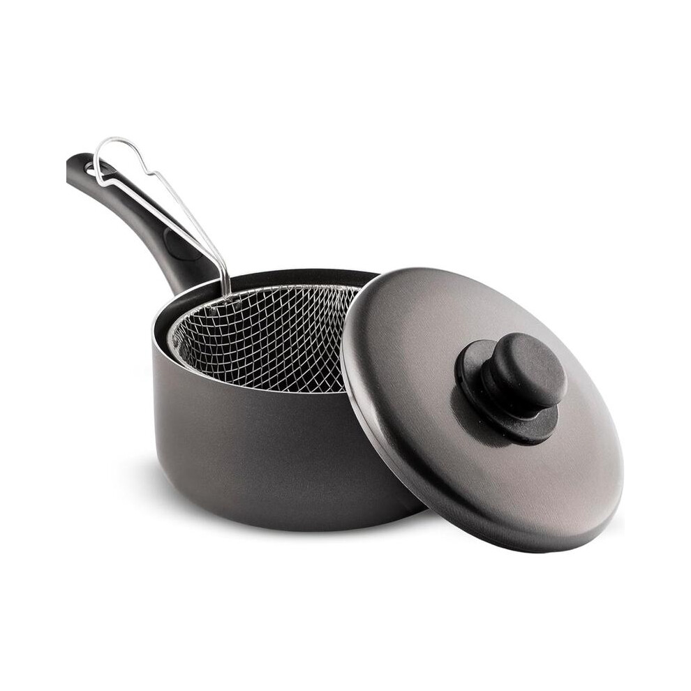 (Default) Non-Stick Chip Pan with Basket 22cm- Non Stick Deep Fryer Chip Pan - Large Durable Pan with Plastic Handles and Lid for Kitchen, Cooking