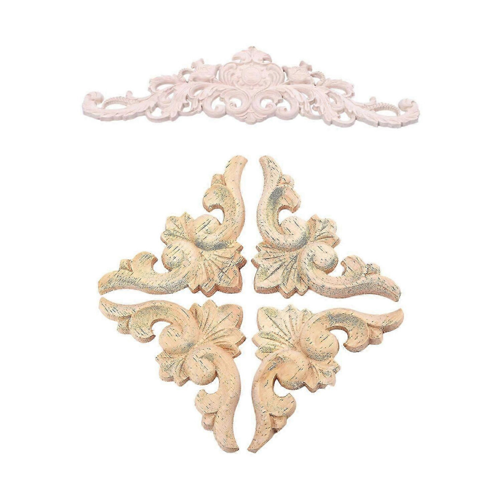 Kikidex (As Show, One Size) 1X Rubber Wood Oak Carved Corner Onlay Applique Type:5 Size:45 X 12Cm & 4Pcs 6 X 6Cm European Style