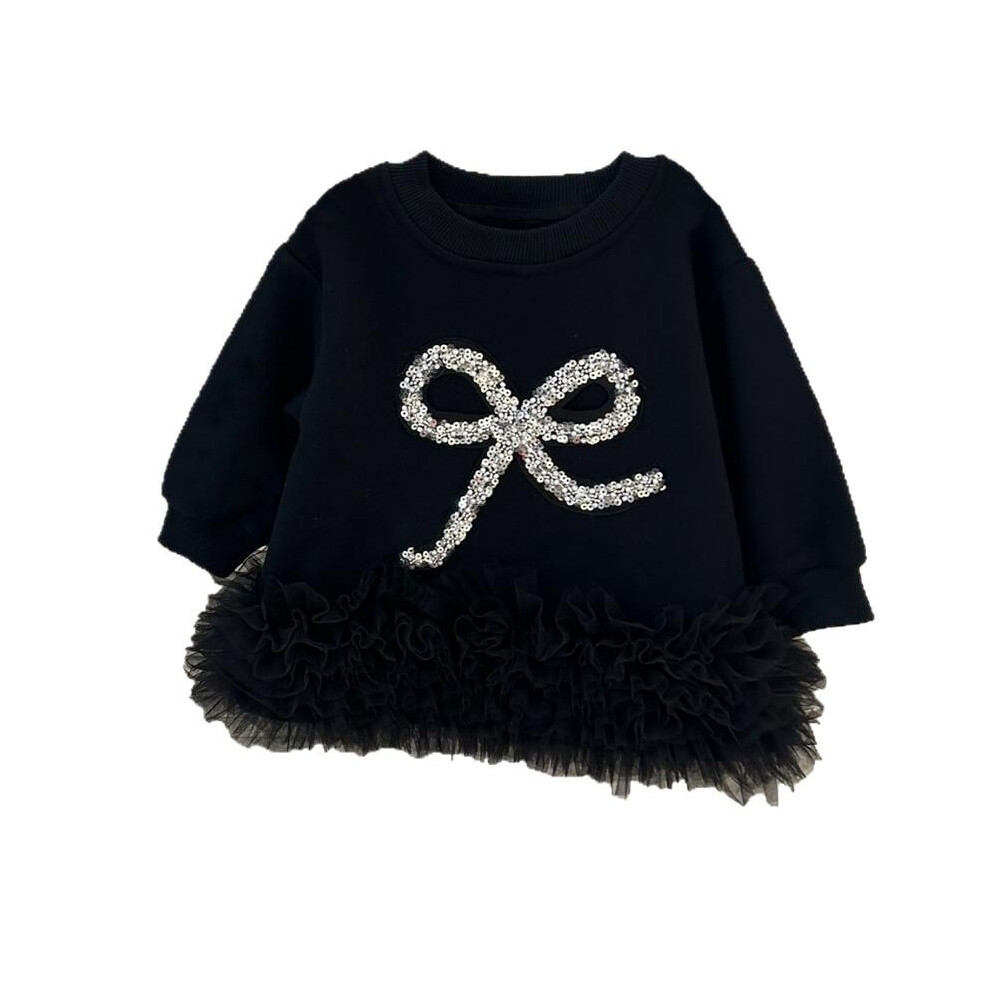 (90cm)Robe épaisse hiver manches longues avec ourlet maille maille maille et paillettes motif nœud