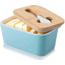 Porcelain Butter Dish, Butter Box with Bamboo Lid and Butter Knife, Butter Container with Silicone Sealing Ring for All Types of Butter (Matte Blue)