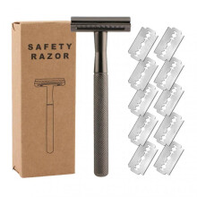 (Black) Safety Razors with 10 Double Edge Safety Razors Blades High-Precision Long Handle Shaving Device for Home Travel