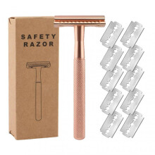 (Rose Gold) Safety Razors with 10 Double Edge Safety Razors Blades High-Precision Long Handle Shaving Device for Home Travel