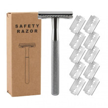 (Silver) Safety Razors with 10 Double Edge Safety Razors Blades High-Precision Long Handle Shaving Device for Home Travel