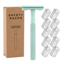 (Light Green) Safety Razors with 10 Double Edge Safety Razors Blades High-Precision Long Handle Shaving Device for Home Travel
