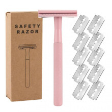 (Pink) Safety Razors with 10 Double Edge Safety Razors Blades High-Precision Long Handle Shaving Device for Home Travel