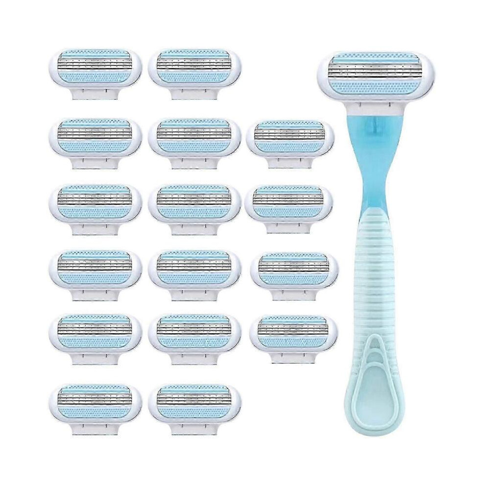 Blue ( Handle. 16 Refills) Razor Blades Women, Razor Blade Refills, Designed For A Comfortable Shave Smooth Glide