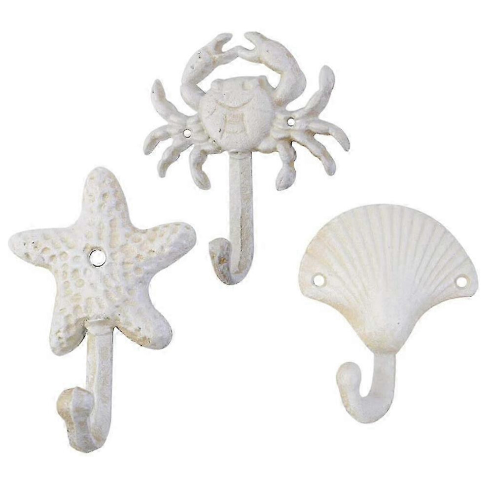 Kikidex (As Show, One Size) Set Of 3 Starfish Seashell Crab Cast Iron Decorative Wall Hooks Coats Towels Hooks Beach Ocean Theme Metal Hooks