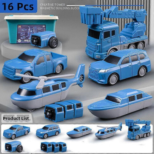 (16 piece set, Blue) Magnetic Transform Engineering Car Assembled Toys