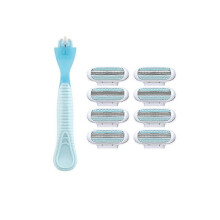 (Blue 1H8B) Safety Razor Women Female 3-Blades Blue Shaving Blades T-shaped Trimme Fusion Replaceable Cassettes Bikini Gift Hair Removal