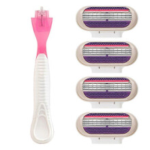 (Purple 1H4B) Safety Razor Women Female 3-Blades Blue Shaving Blades T-shaped Trimme Fusion Replaceable Cassettes Bikini Gift Hair Removal