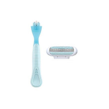 (Blue 1H1B) Safety Razor Women Female 3-Blades Blue Shaving Blades T-shaped Trimme Fusion Replaceable Cassettes Bikini Gift Hair Removal