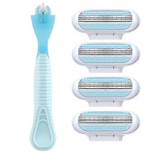 (Blue 1H4B) Safety Razor Women Female 3-Blades Blue Shaving Blades T-shaped Trimme Fusion Replaceable Cassettes Bikini Gift Hair Removal