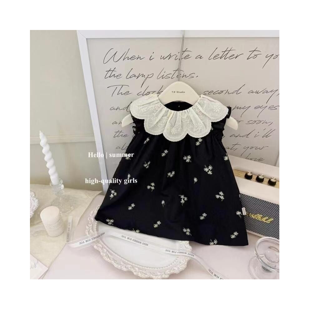 (Black,110cm)Robe motif col poupée à carreaux jaune et avec robe motif broderie noire