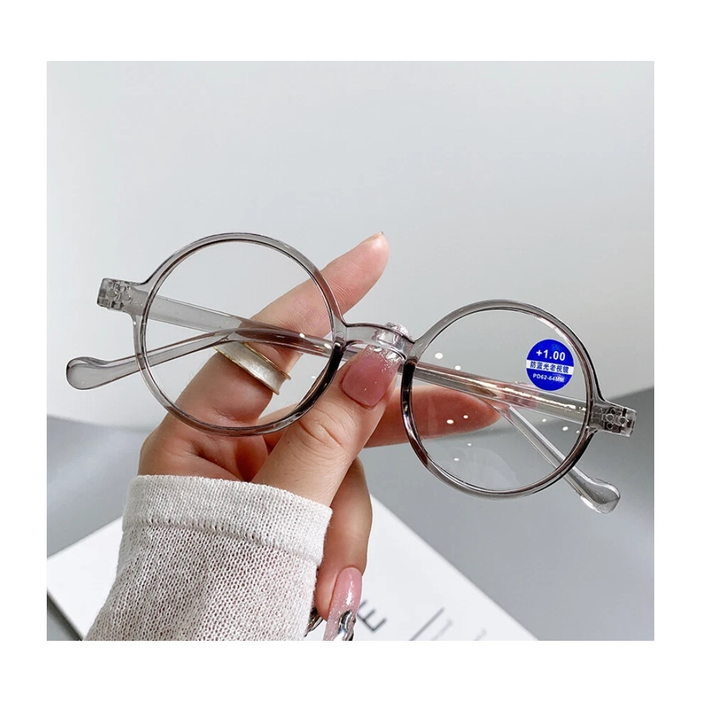 (Gray, +3.00 strength) Round Anti Blue Light Reading Glasses Men Women Retro Presbyopic Readers
