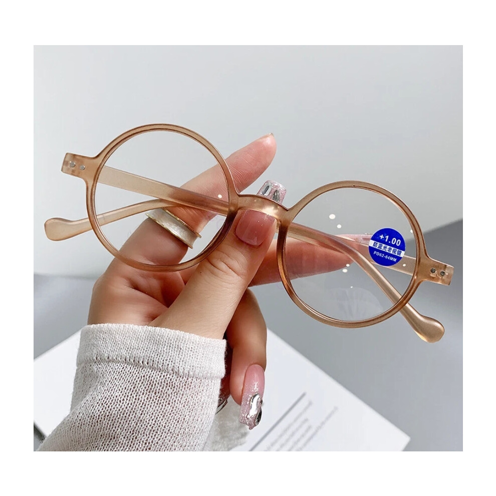 (Tea, +2.50 strength) Round Anti Blue Light Reading Glasses Men Women Retro Presbyopic Readers