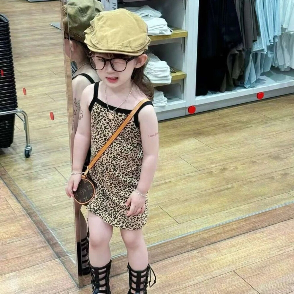 (80Cm)Vestido Camisola Estampado Leopardo Moda Verano Para NiñAs De 3 A 8 AñOs-image
