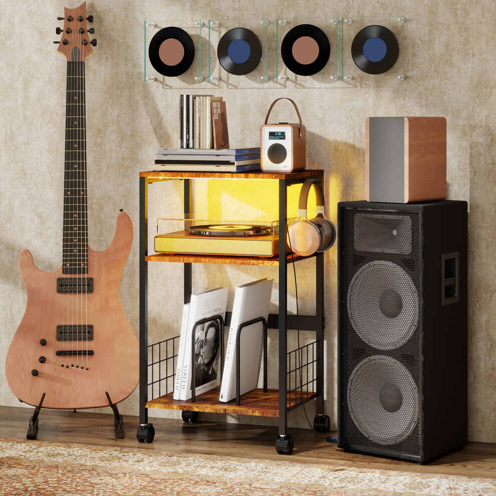 Record Player Stand 3 Tier Side Table LED Lighted Record Storage Unit-image-OPC-PHGB668-NEW