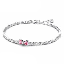 (pink, 18cm) 2025 Valentine New 925 Silver Pink Bow Full Diamond Bracelet Original 17-20CM Fit DIY Charm Women Birthday Jewelry Gifts